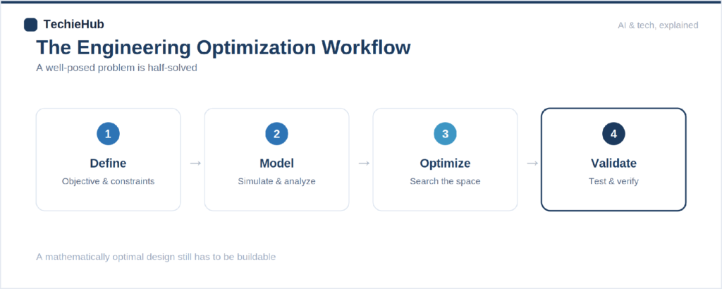 define, model, optimize, then validate the result against reality.