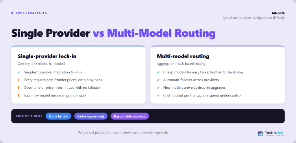 Table matching AI API to the right use case: Gemini 3.1 Flash-Lite, DeepSeek V4 Flash, Gemini 3.1 Pro, GPT-5.4 — TechieHub infographic Side-by-side comparison of Single-provider lock-in vs Multi-model routing — TechieHub infographic