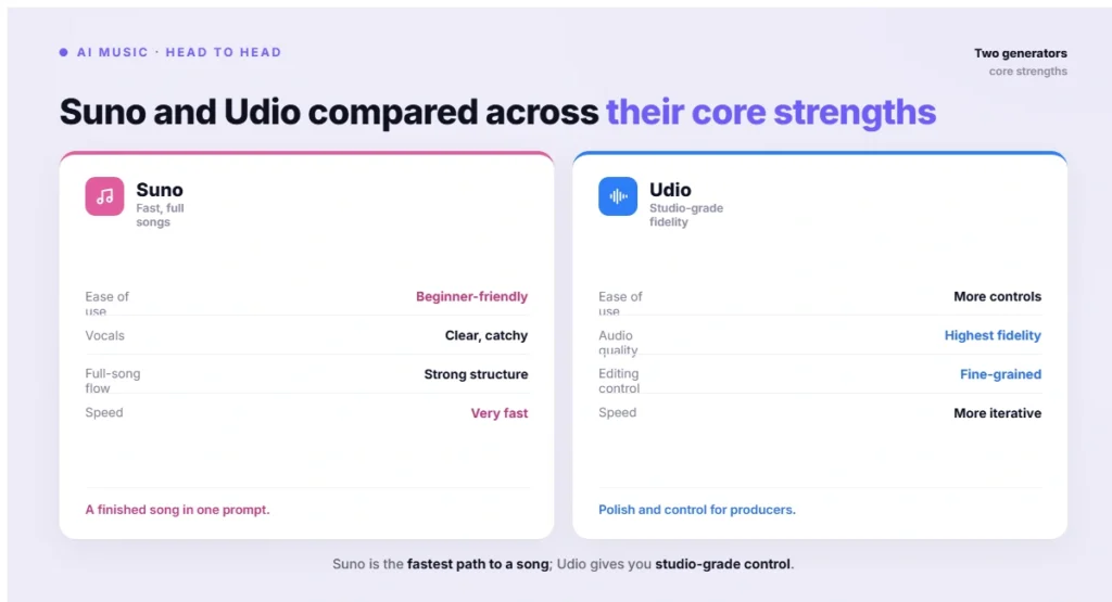 Suno and Udio compared across their core strengths