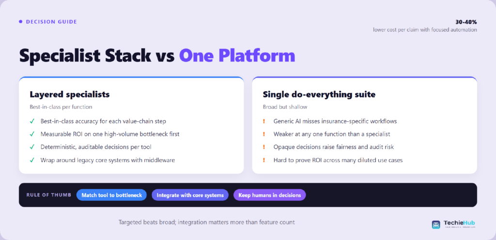 Side-by-side comparison of Layered specialists vs Single do-everything suite