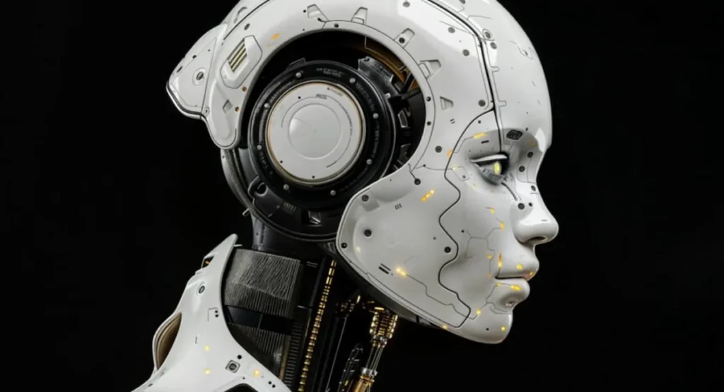 Best AEO Tool for AI Product Teams (2026) White humanoid robot head in profile, representing the AI products these AEO tools are chosen for