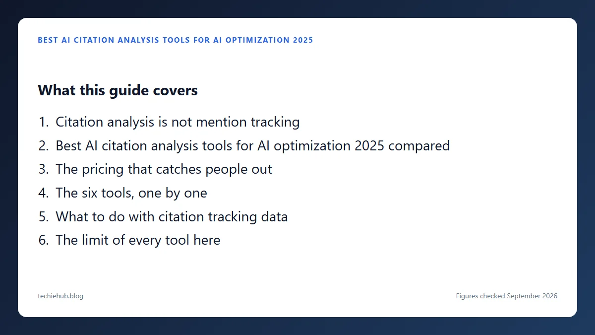 Outline of the guide Best AI Citation Analysis Tools for AI Optimization 2025: Citation analysis is not mention tracking; Best AI citation analysis tools for AI optimization 2025 compared; The pricing that catches people out; The six tools,
