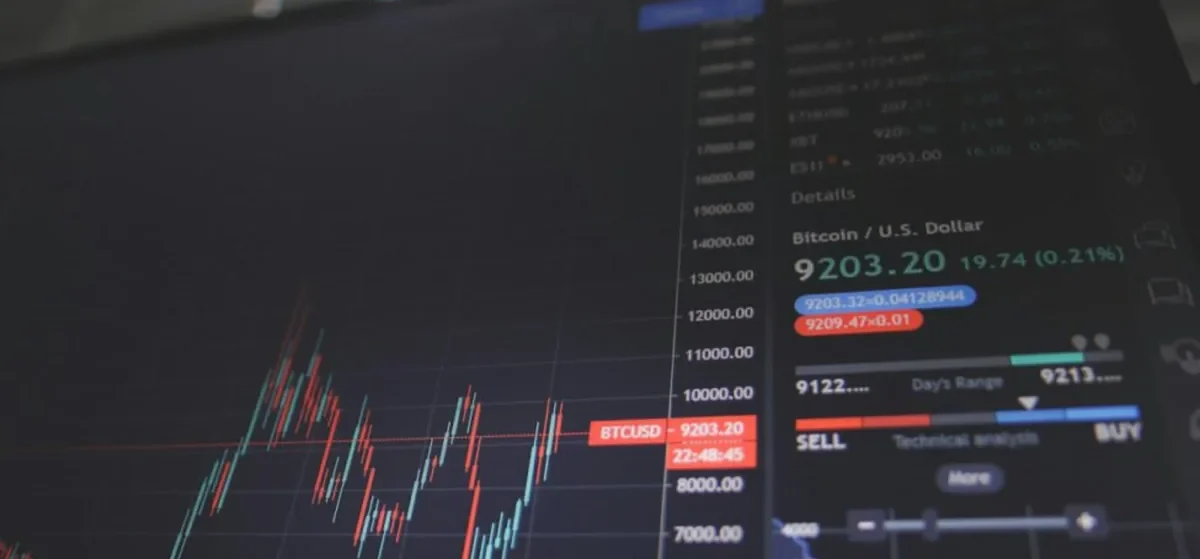 Candlestick price chart on a trading screen, the kind of market data AI tools for financial advisors summarise for client reviews