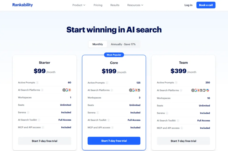 Rankability pricing page showing Starter at 99 USD for 60 active prompts, Core at 199 USD for 125 and Team at 399 USD for 250, each with unlimited seats